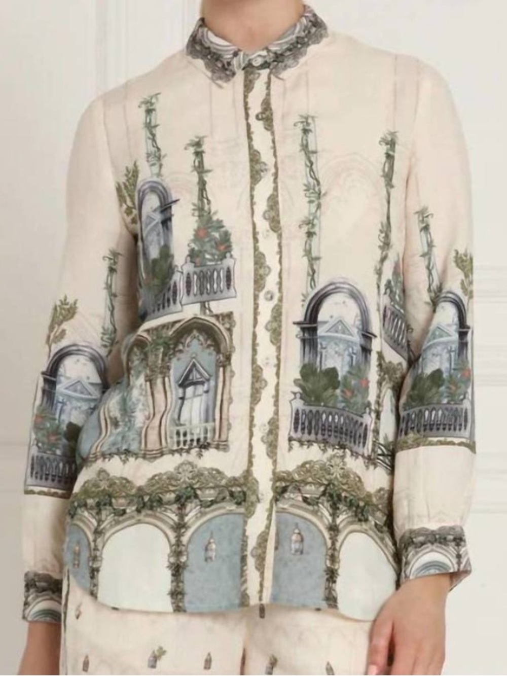 RANNA GILL Azzura Button Down Cream Linen Shirt Scenic Garden Window Print XS